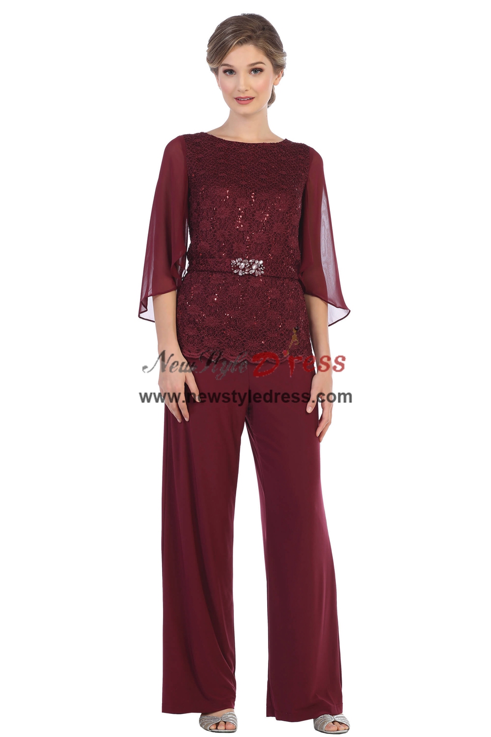 2PC Modern Burgundy Lace Women's Pants suits,Wedding Guest Pant Suits ...