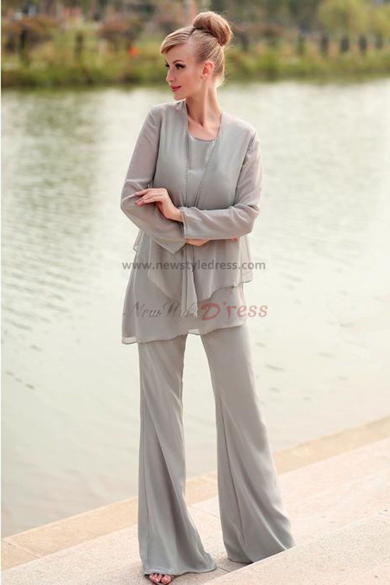 Elegant Gray Chiffon Three Piece Mother Of The Bride Dresses Pants Suit Nmo 028 Mother Of The