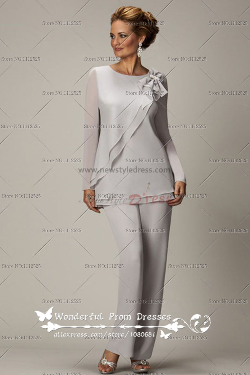 Long Sleeves Off White Two Piece Chiffon Mother Of The Bride Pants Suits 