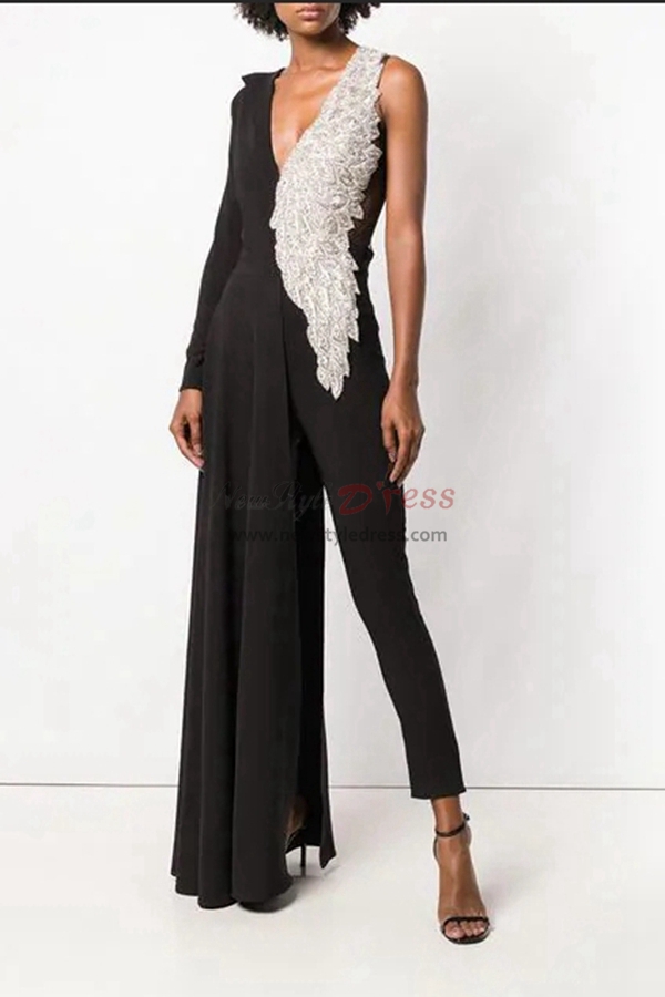 Black Bridal Jumpsuit Delicate Beaded Angel Wings V-neck bride dresses ...