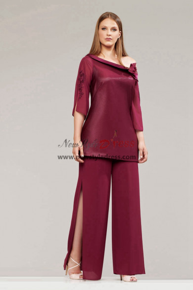 Elegant Burgundy One Shoulder Mother of the Bride Pant Suits Outfit for ...