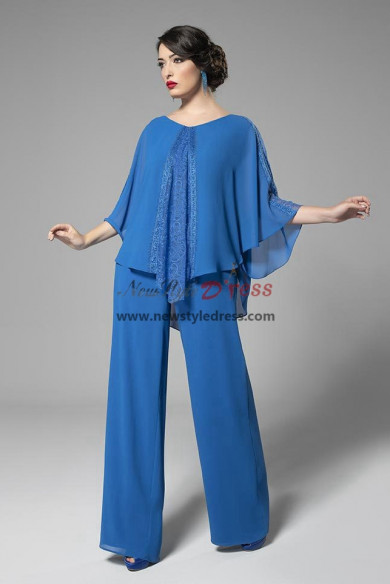 2022 Ocean Blue Chiffon Cape Mother of the Bride Pant suits for Wedding ...