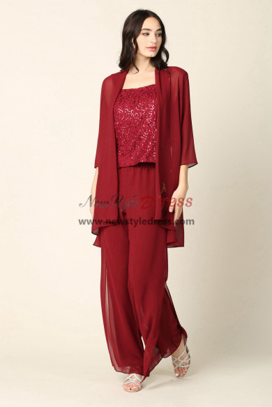 Burgundy Chiffon Wide Mother of the Bride Pant suits Dresses with ...