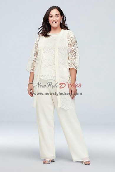 Ivory Plus Size Mother of the Bride Pant Suits with Lace Jacket for ...