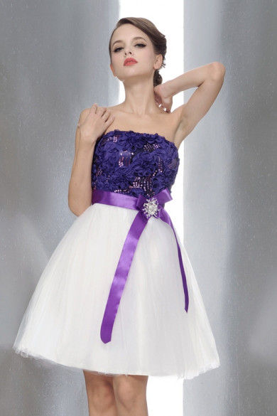 Strapless Purple White Short Dresses Wedding Party Waist With a Bow nm-0169