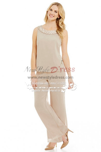 Champagne Chiffon Outfits For Wedding Mother Of The Bride Pant Suits Comfortable Plus Size 4136