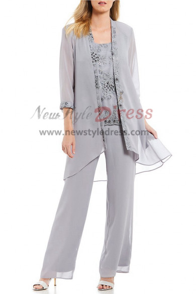 Elastic waist Gray Beaded Lace Pants suit for mother of the bride With ...
