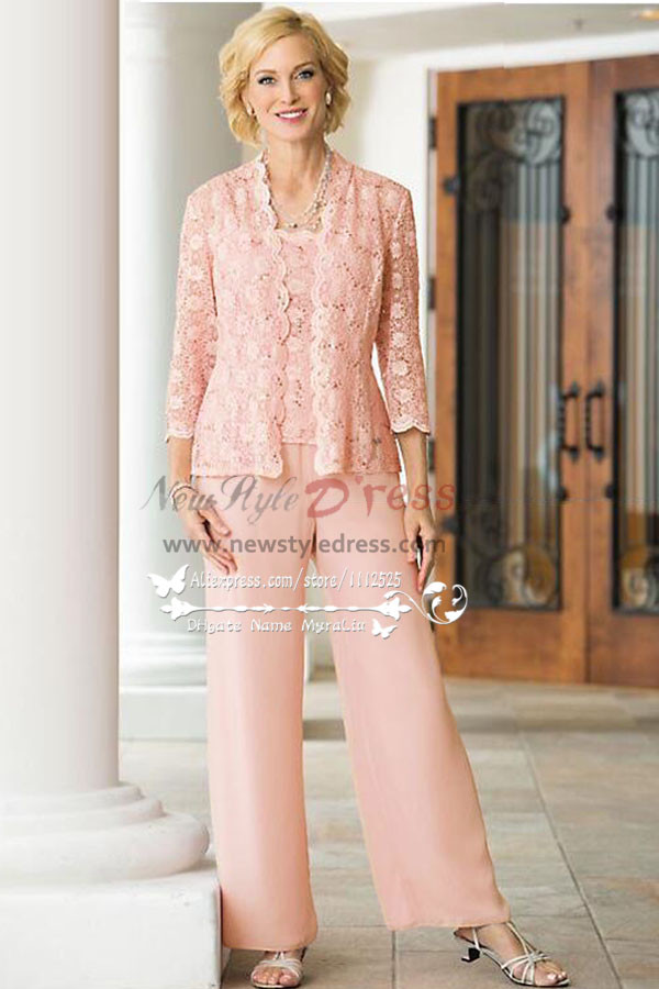 3PC Pink lace Trousers set Mother of the bride pant suits dresses for