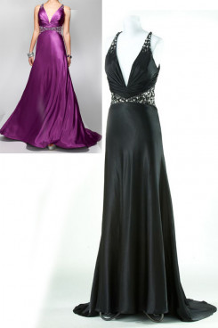 purple black Satin Deep V-Neck Evening Dresses with Sashes Crystal np-0148