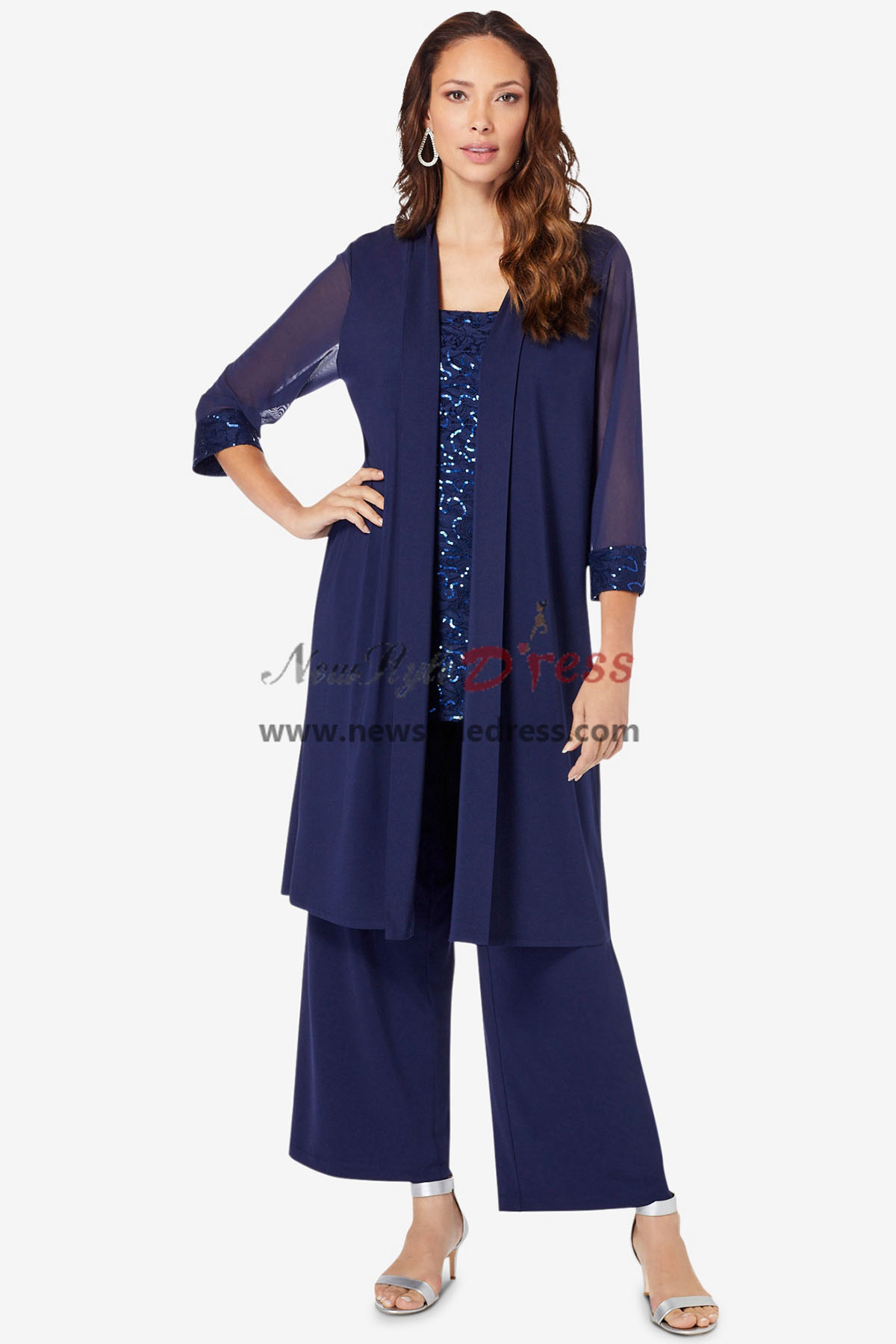 Elegant Three Piece Dark Navy Mother of the Bride Pant Suits with ...
