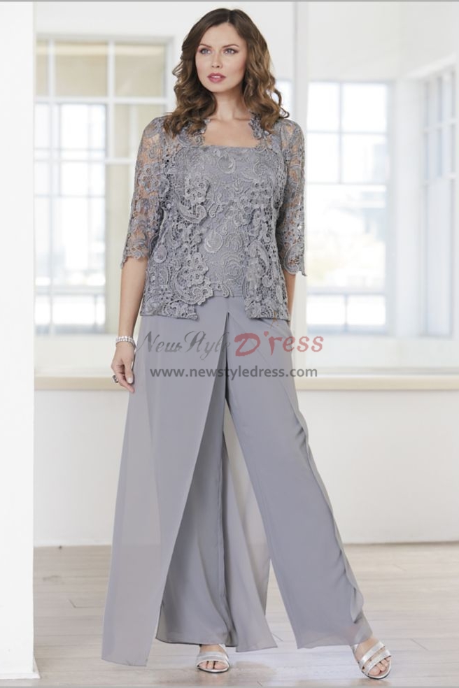 Gray Lace Mother Of The Groom Pant Suits Dresses With Jacket Nmo 548