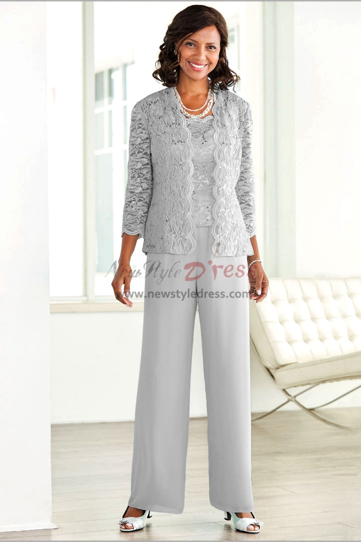 Custom Made Elegant Gray Lace Mother of The Bride Pant Suit