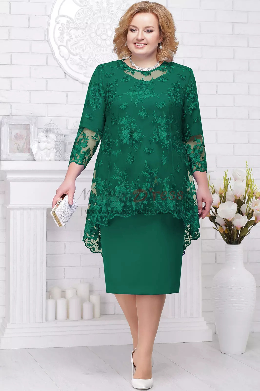 Knee Length Plus Size Mother Of The Bride Chiffon Dress With Lace Overlay Grenn 2 