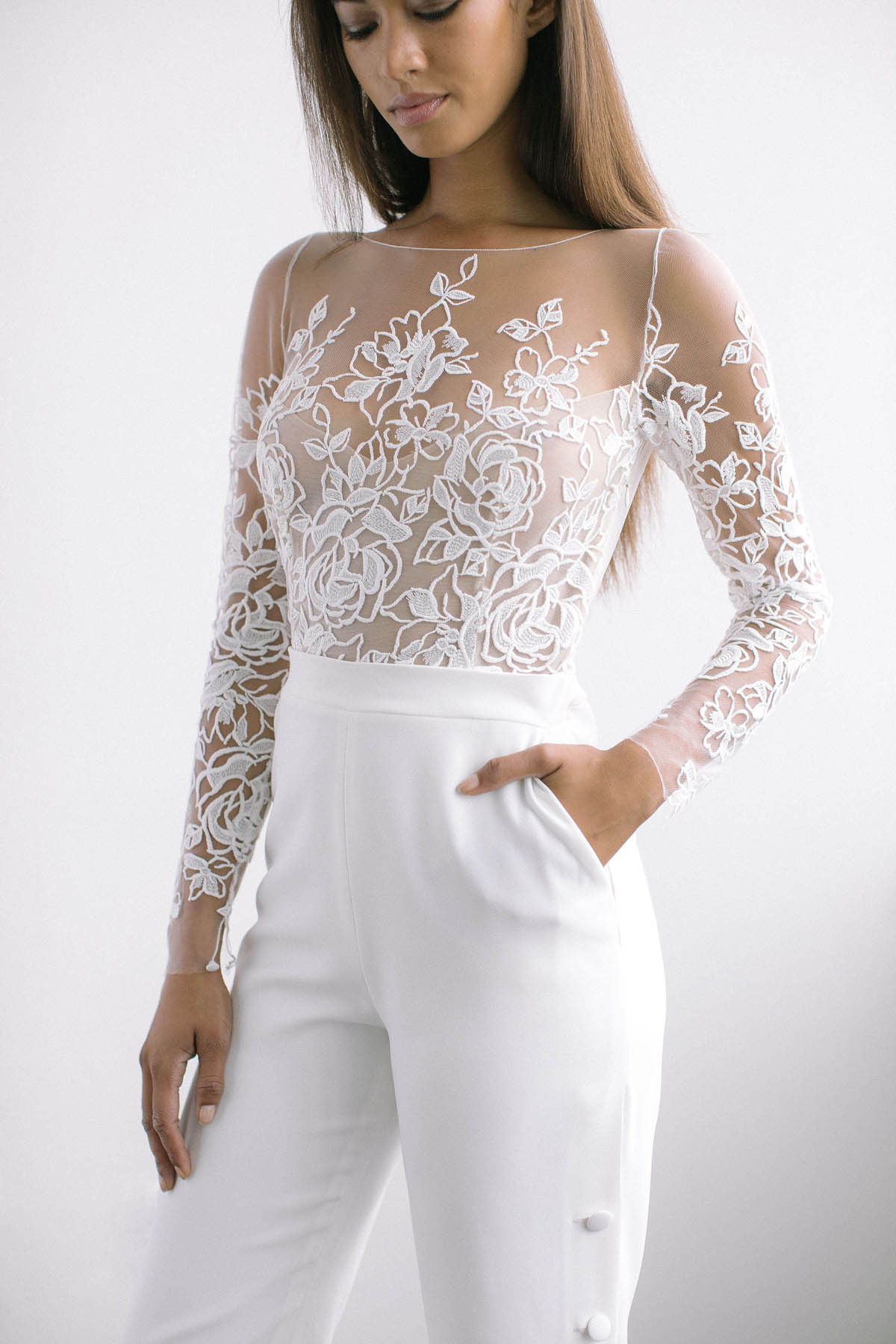 Modern Bridal Elastic Chiffon Jumpsuit Lace top Wedding dresses wps-147