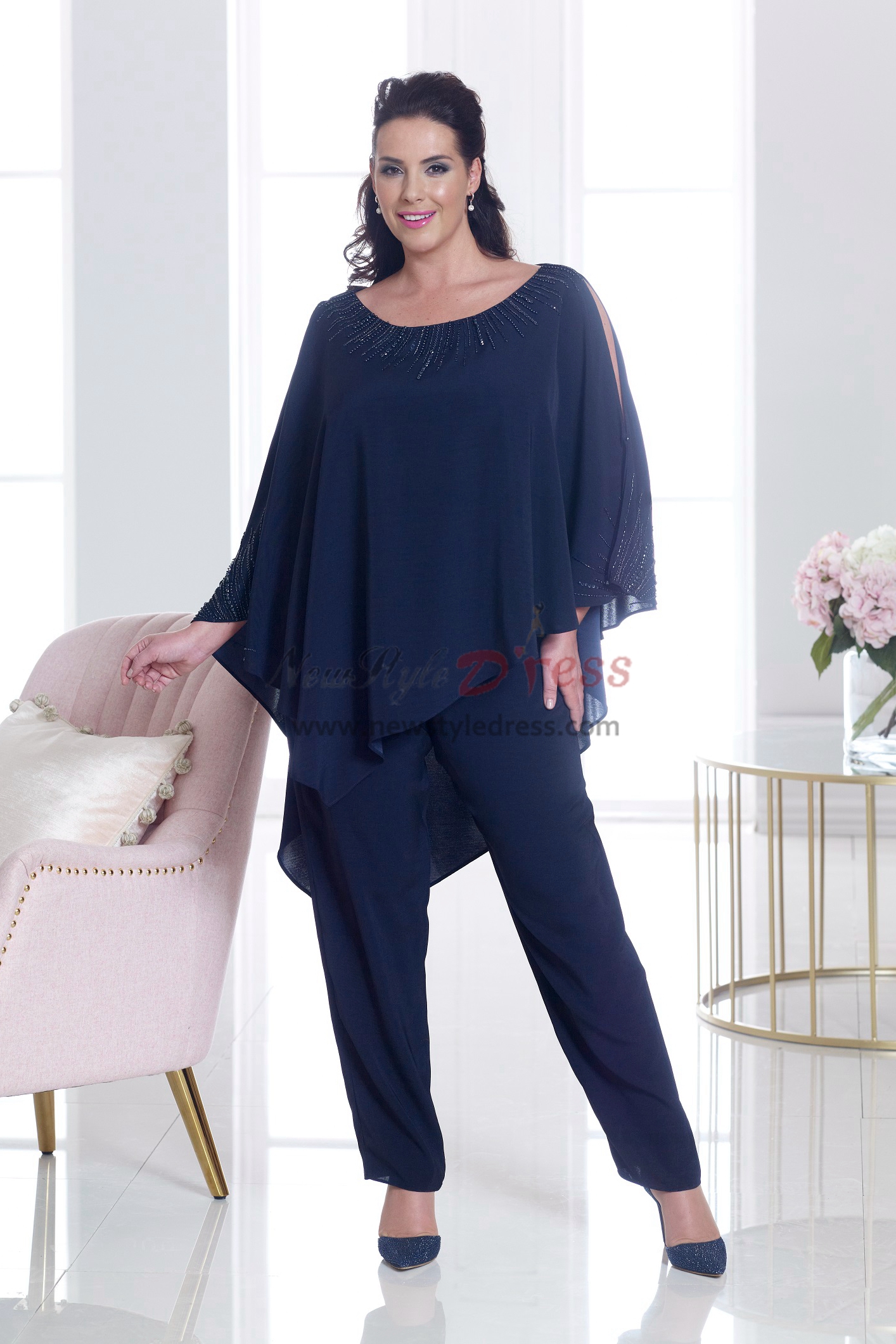 Navy Beaded Chiffon Pant Suits For Mother Of The Bride Wedding Party Trousers Outfit 