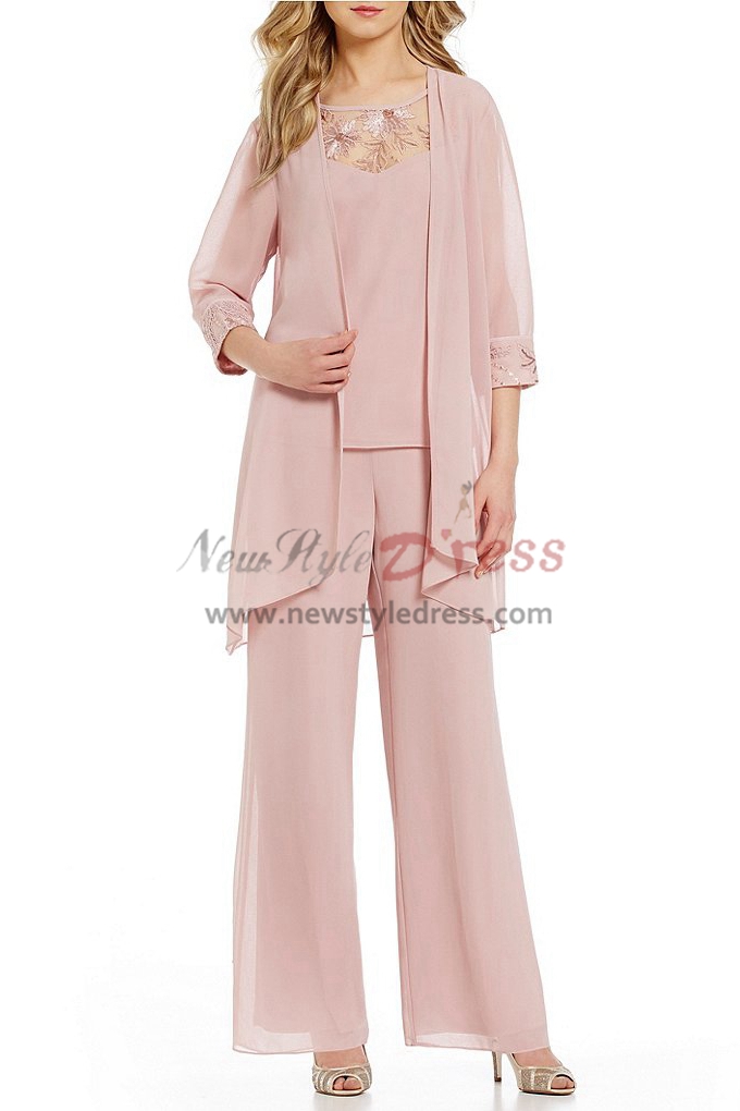 Spring Champagne Chiffon 3 pieces Elastic waist pant suits for mother ...