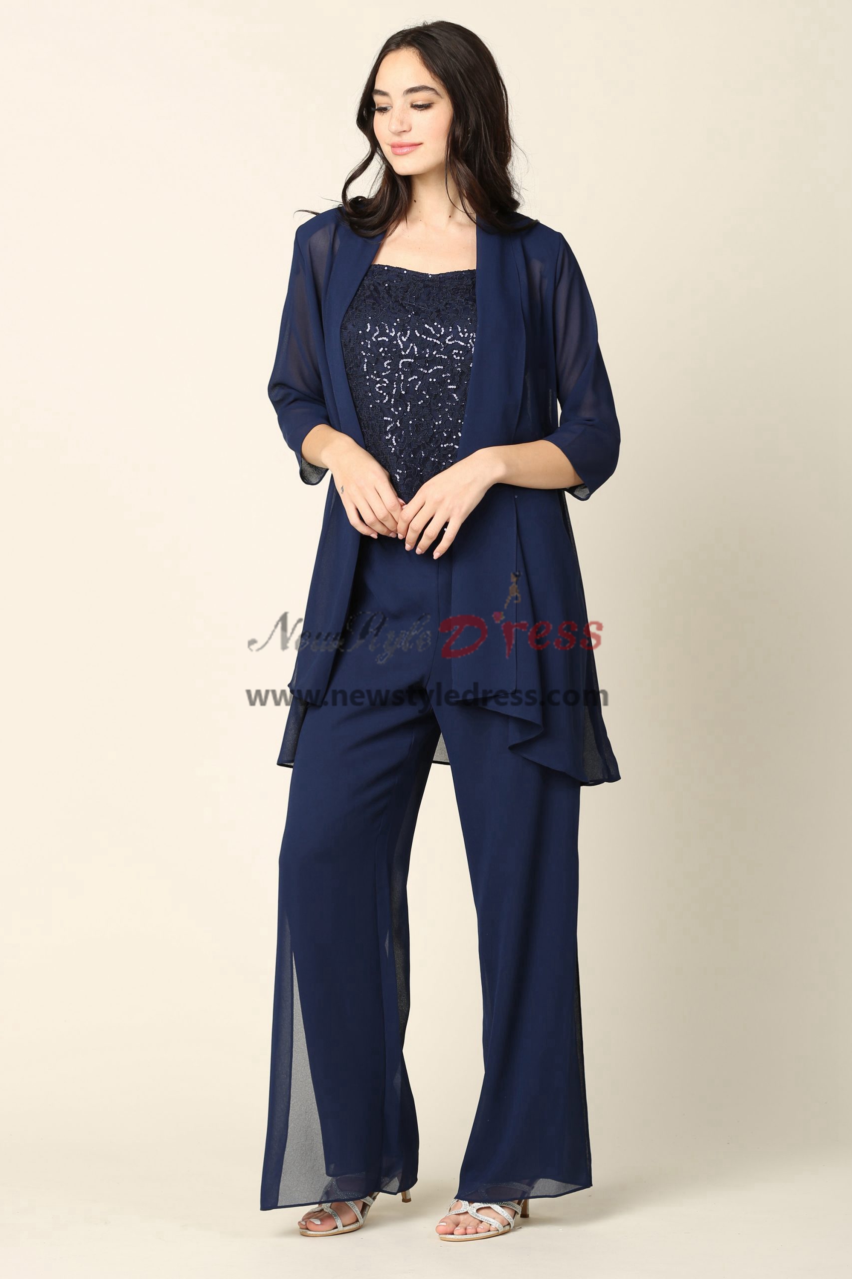 Plus Size Dark Navy Chiffon Mother of the Bride Pant Suits with Jacket ...