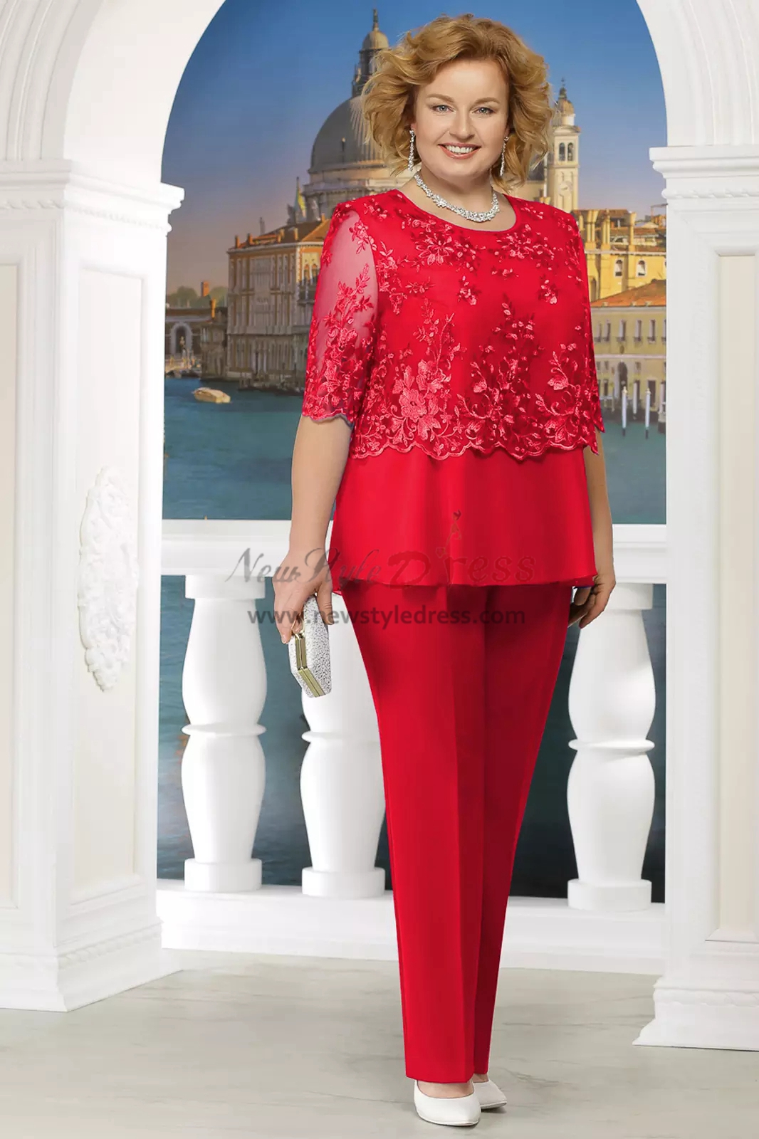 Red Plus size Mother of the bride pant suit Women 3PC Trousers outfits nmo-576