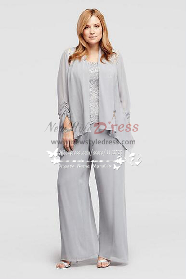 Silver chiffon mother of the bride pant suits with jacket Wedding ...