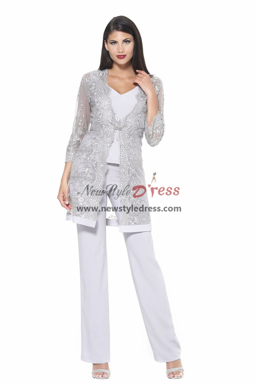 Silver Mother of the Bride Pant Suits with Lace Jacket Special Occasion ...